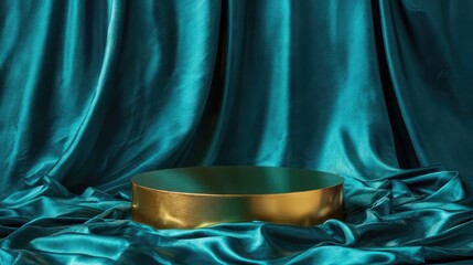 Poster - Gold podium elegantly set on teal silk fabric