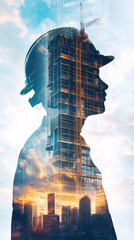 Fototapete - Architect wearing hardhat overlaid on construction site and urban skyline during golden hour sunset lighting