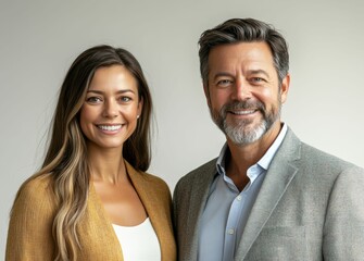 Wall Mural - Duo business partnerships man and woman standing together in front of plain white background, pose confidently, symbolizing power of partnership and mutual respect.