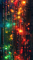Leinwandbilder - Circuit board revealing complex electronic pathways, networking metallic traces glowing under red and green illumination