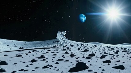 Wall Mural - astronaut rides bike on the moon's surface