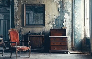 Poster - Grungy room with peeling paint and vintage furniture for creative projects