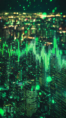 Poster - Green candlestick chart showing increasing profits, business and finance growth concept over modern night cityscape background