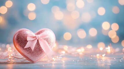 Wall Mural - A soft pink heart-shaped card with a glittery bow, on a dreamy pastel festive background with glowing lights