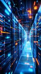 Poster - Data center with server racks and flowing digital information, concept of big data, cloud computing, artificial intelligence and internet of things