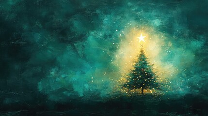 Poster - Holidays celebration with a star-topped Christmas tree on a deep green and blue background