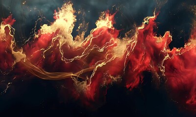 Wall Mural - Abstract representation of vibrant red and gold smoke swirling against a dark background, evoking a sense of movement and energy