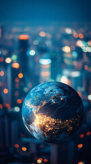 Aufkleber - Glowing world map floating over nighttime urban skyline, symbolizing interconnected global networks and international digital communication