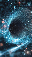 Aufkleber - glowing particles swirling through digital network grid tunnel vortex with blue and orange bokeh lig