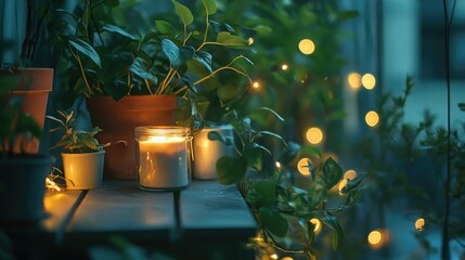 Poster - Leafy balcony arrangements with cozy lighting for tranquil outdoor spaces