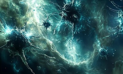 Wall Mural - Abstract cosmic scene featuring luminous microorganisms floating in a vast, colorful nebula with swirling gases