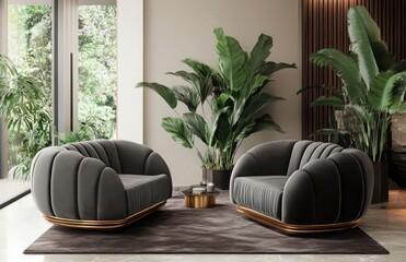 Poster - Living room with gray velvet furniture and vibrant plants in a sleek, clean design