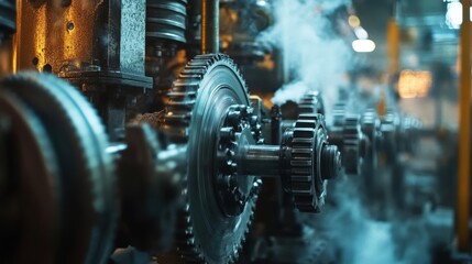 Poster - Large metal gears are rotating and producing steam in an old industrial machine in a factory, demonstrating the concept of industry and manufacturing