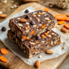 Two chocolate-covered granola bars with nuts and dried carrots on a wooden board.