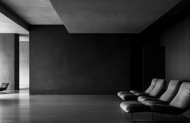 Poster - Luxury modern living room featuring a dark interior with an empty black wall for visual focus