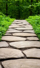 Wall Mural - A serene stone pathway meanders through lush greenery, inviting exploration in a tranquil forest setting.