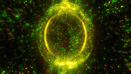 Wall Mural - a green luminous orb sphere floating in darkness, dotted with light specks and radiating mystical en