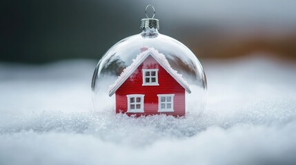 Poster - Miniature red house nestled in snow inside a clear ornament