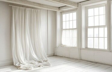 Wall Mural - Minimal white room mock-up with curtains, windows, and wooden flooring