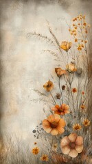 Wall Mural - A serene illustration featuring delicate orange flowers amidst soft, textured backgrounds, evoking a sense of tranquility and natural beauty.