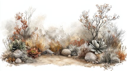 Wall Mural - A serene landscape featuring dry grasses, rocks, and succulents, rendered in soft watercolors, evoking a peaceful, natural environment.