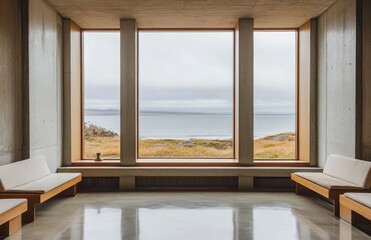 Poster - Minimalist lounge with a view of the ocean through wide windows