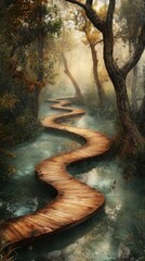 Wall Mural - A winding wooden path meanders through a serene, misty forest, surrounded by lush greenery and tranquil water.