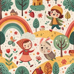 Wall Mural - Joyful Girls Playing in a Whimsical Rainbow Landscape with Cute Animals and Houses