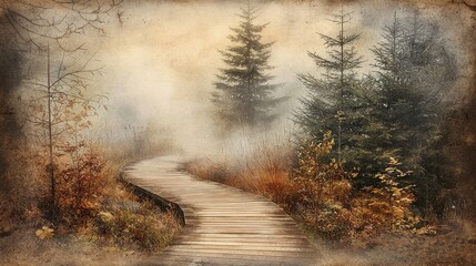 Wall Mural - A winding path meanders through a misty forest, surrounded by tall trees and autumn foliage, creating a serene, atmospheric scene.