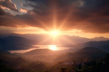 Fototapete - Sunlight pierces the clouds, casting a warm glow over a calm landscape, symbolizing hope and spirituality in the fading light of day