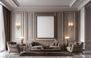 Poster - Modern classic living room interior with a blank frame mockup
