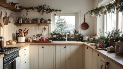 Poster - Natural Scandi kitchen with festive decorations, celebrating the warmth of holidays