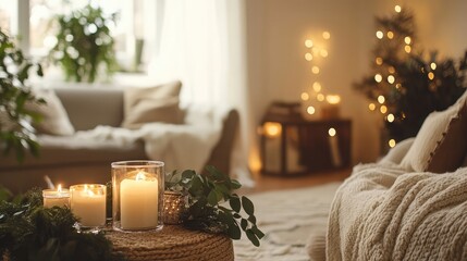 Poster - Natural winter decor featuring candles and greenery, creating a cozy seasonal atmosphere
