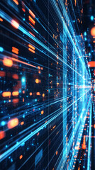 Poster - Complex data streams flowing through futuristic server racks, visualizing big data processing and network activity