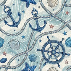 Wall Mural - Nautical Seamless Pattern Anchors Ship Wheel Rope Seashells Starfish Beach Summer Ocean Design