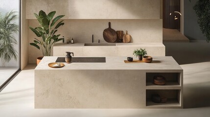 Poster - Nordic kitchen countertop with natural tones and modern plant decor