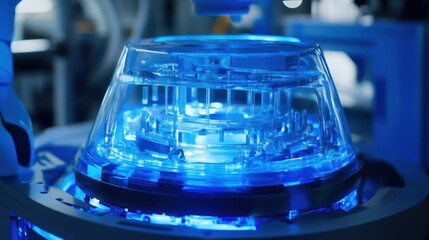 Poster - Robotic arm interacting with advanced transparent medical equipment, illuminated by a vibrant blue light, within a sterile laboratory environment, showcasing cutting edge technology in healthcare