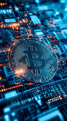 Poster - Bitcoin cryptocurrency resting on electronic circuit board, symbolizing digital currency and blockchain financial technology
