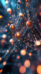 Leinwandbilder - Glowing spheres interconnected by a network of lines, symbolizing data transmission and neural connections in a complex system