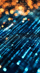 Leinwandbilder - Flowing blue binary code resembling digital rain on a dark backdrop, enhanced by bokeh and glittering particles, represents big data and technology
