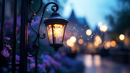 Poster - A wrought iron gate swings open, unveiling a lush secret garden alive with vibrant flowers and glowing fireflies under twilight's soft misty glow
