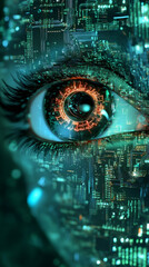 Leinwandbilder - Electronic eye with integrated circuit, symbolizing the integration between humans and technology