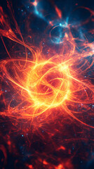 Poster - Cosmic fiery sphere radiating intense energy, glowing amid swirling nebulae, starry darkness, and luminous stellar particles