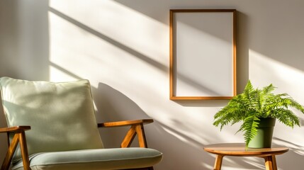 Poster - A cozy corner of a living room features a soft green armchair with natural light illuminating the space. A fern and an empty frame add character and charm