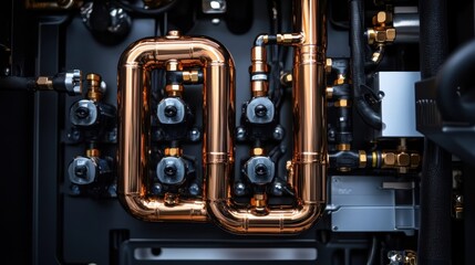 Poster - Shiny copper pipes and valves are connecting different parts of an industrial machine, showcasing the complex network of components ensuring smooth operation in a manufacturing setting