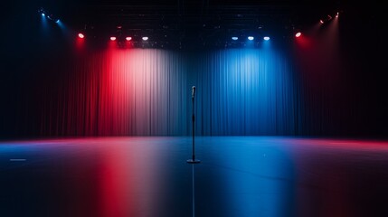 Aufkleber - Empty theatre stage illuminated by red and blue spotlights, with curtains parted and a microphone stand at center, designed for an upcoming performance