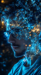 Leinwandbilder - Side view portrait of a software engineer analyzing global network data visualization, futuristic technology concept