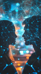 Poster - Shadowy human figures interconnected by glowing digital network lines, symbolizing virtual romantic connections and social media engagement