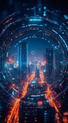 Poster - Digital lines creating a circular network are connecting buildings of a smart city at night, seen from above