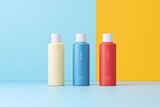Four bottles of shampoo in different colors